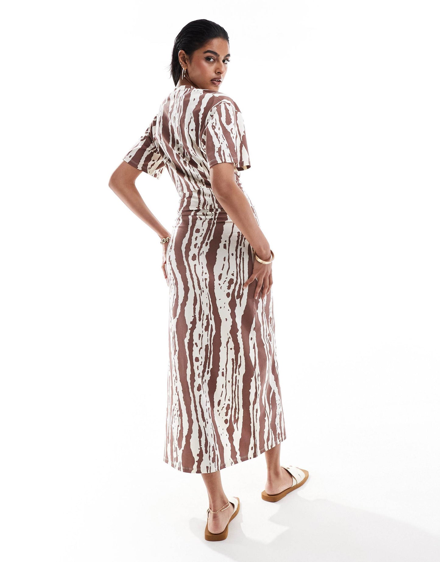ASOS DESIGN crew neck midi t shirt dress with ruched side in animal print