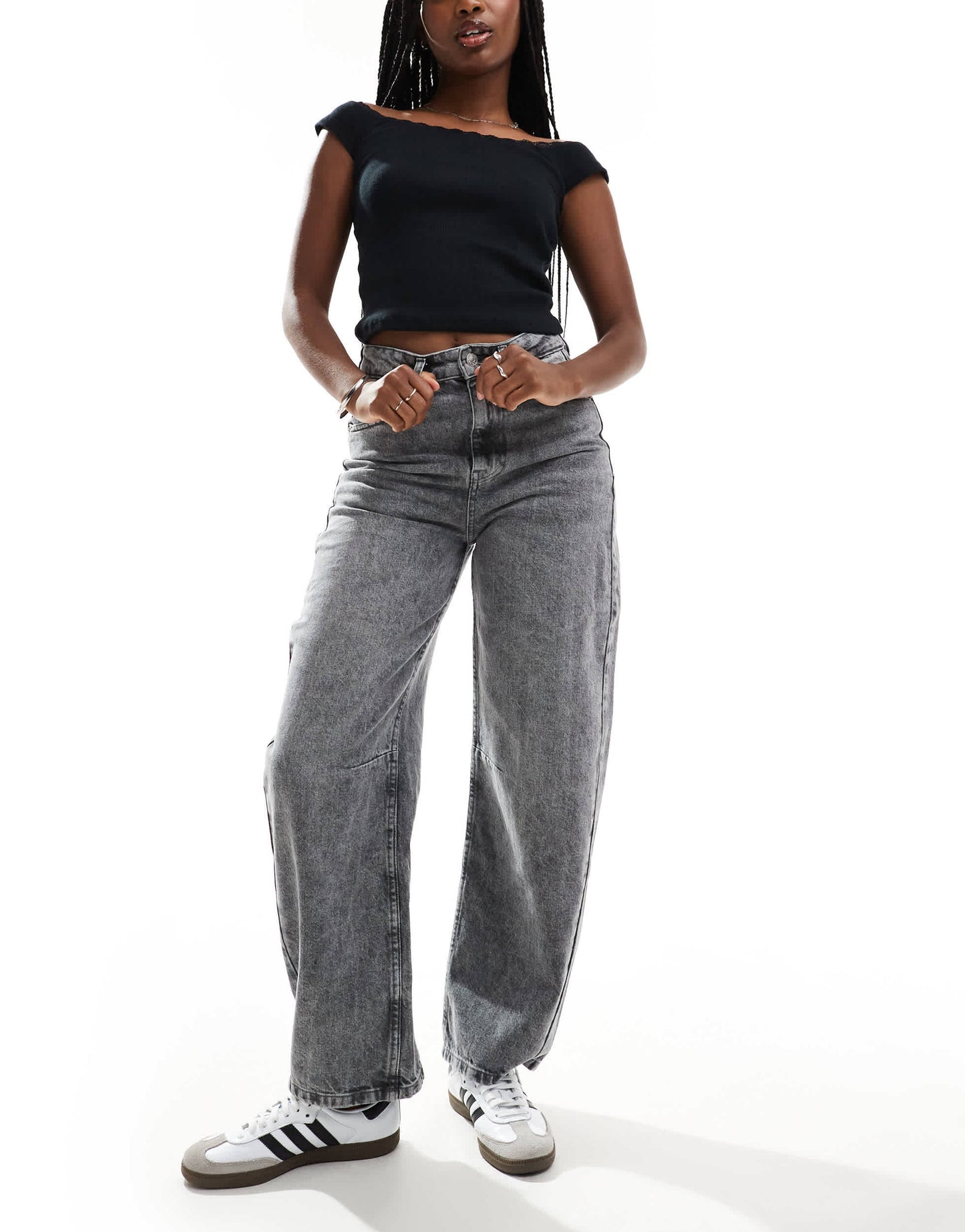 ASOS DESIGN barrel leg jeans with cinch waist in washed grey