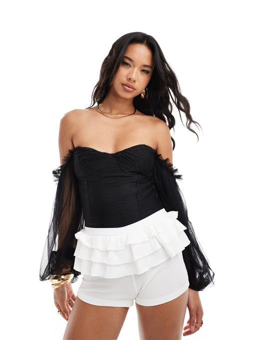 Lace & Beads balloon sleeve ruched bodysuit in black