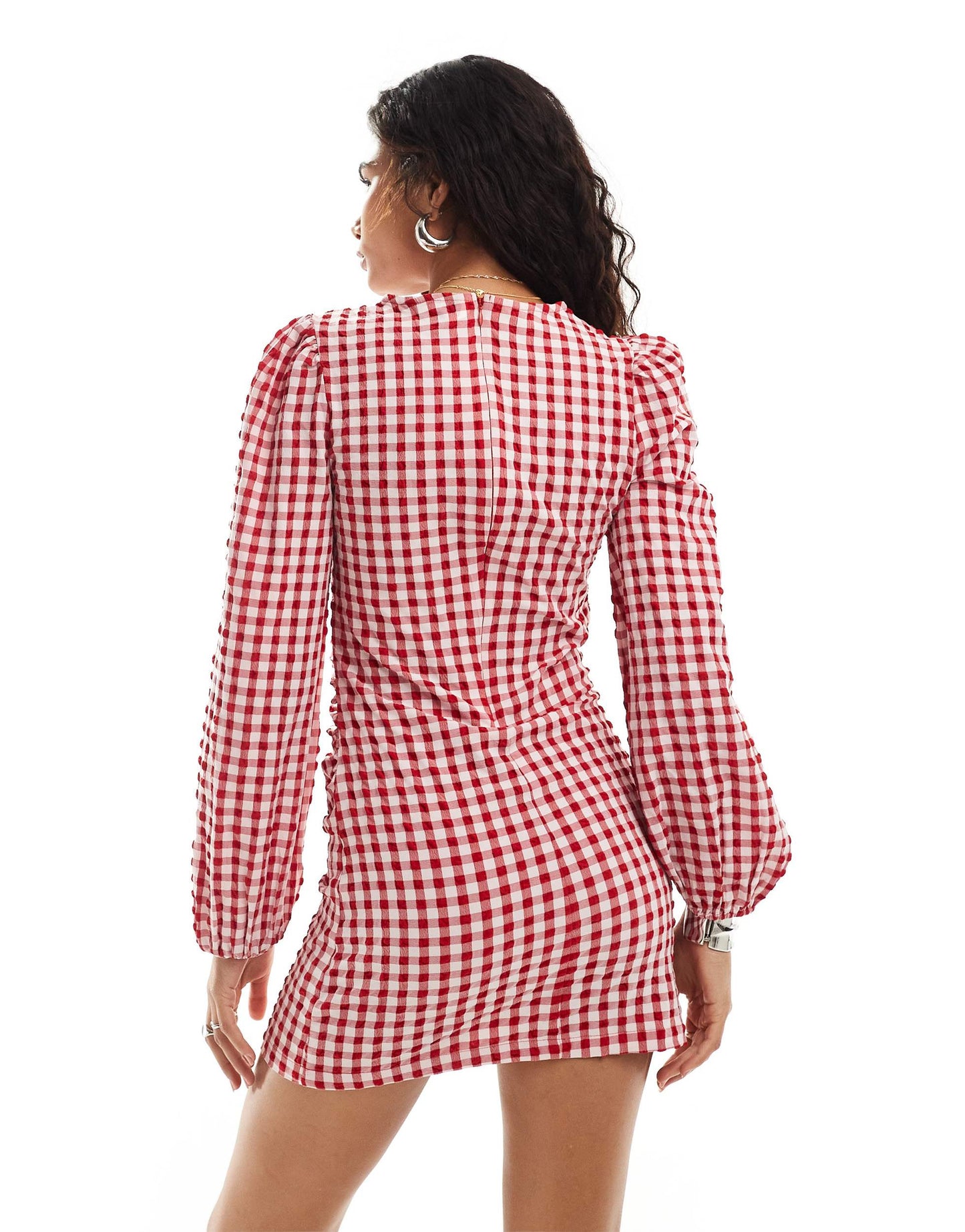 Monki mini dress with puff sleeves in red gingham check