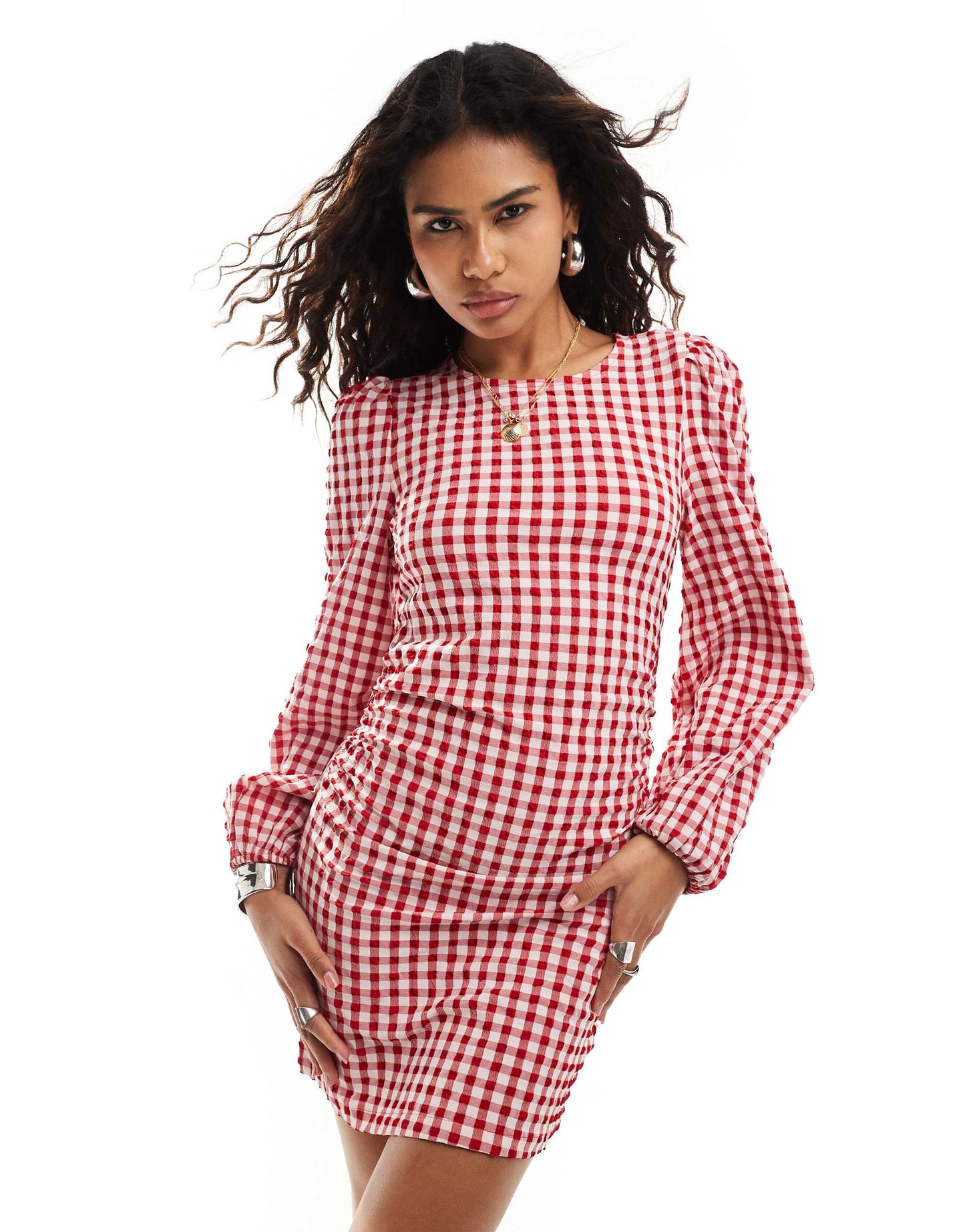Monki mini dress with puff sleeves in red gingham check