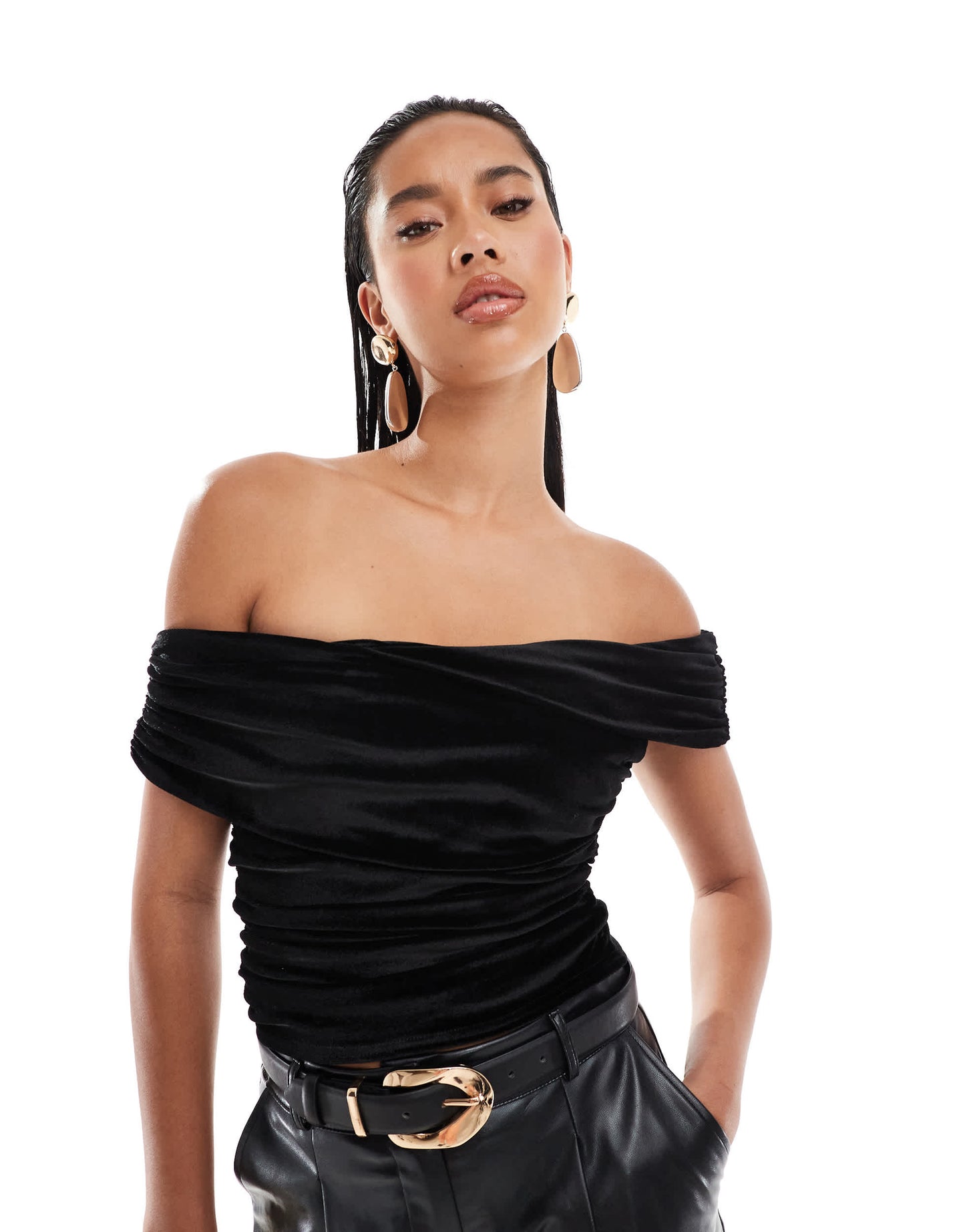 Kaiia exclusive double layered slinky drape off shoulder top in black
