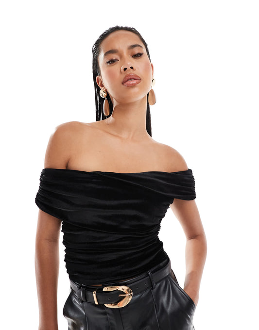 Kaiia exclusive double layered slinky drape off shoulder top in black