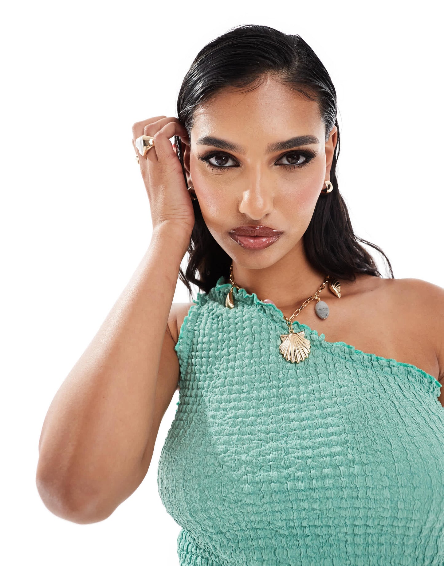 ASOS DESIGN one shoulder crop top in bubble texture in green