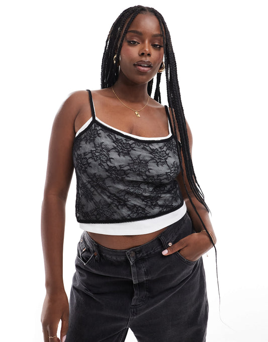 ASOS DESIGN Curve contrast double layer vest with lace overlay in mono