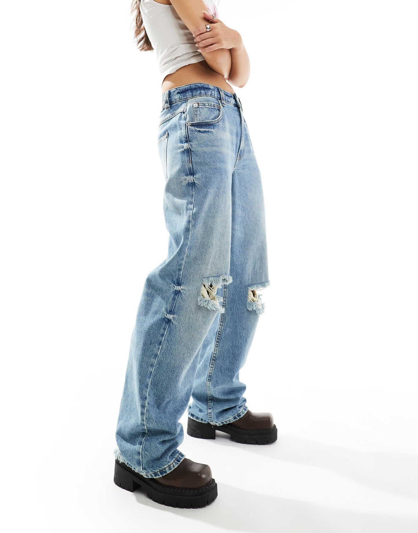 ASOS DESIGN baggy jean with rips in mid blue