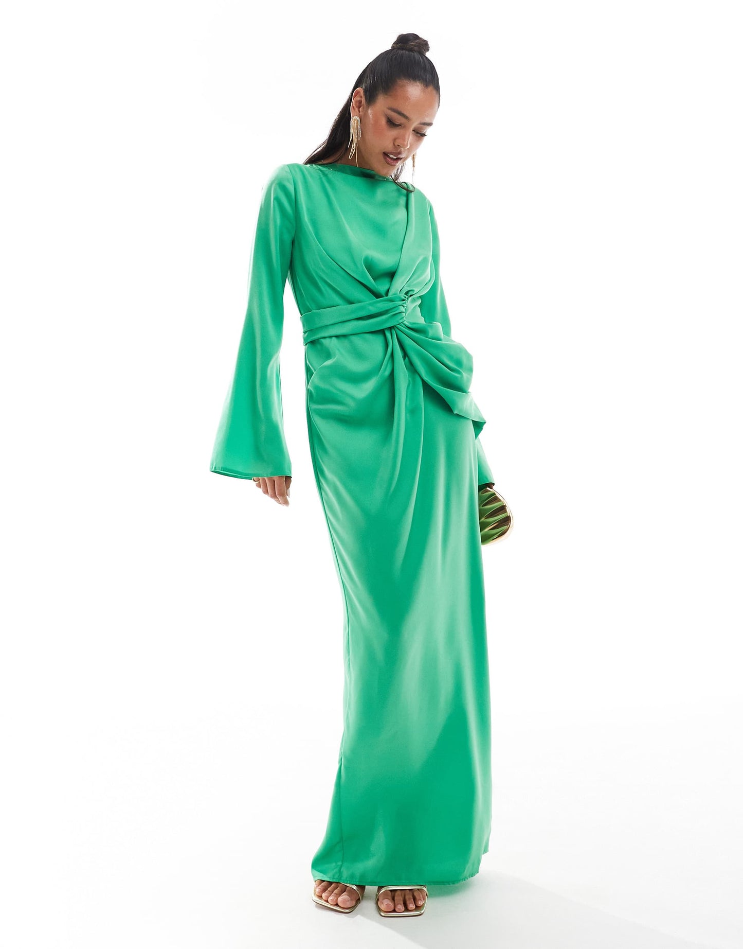 ASOS DESIGN twist front fluted sleeve maxi dress in green