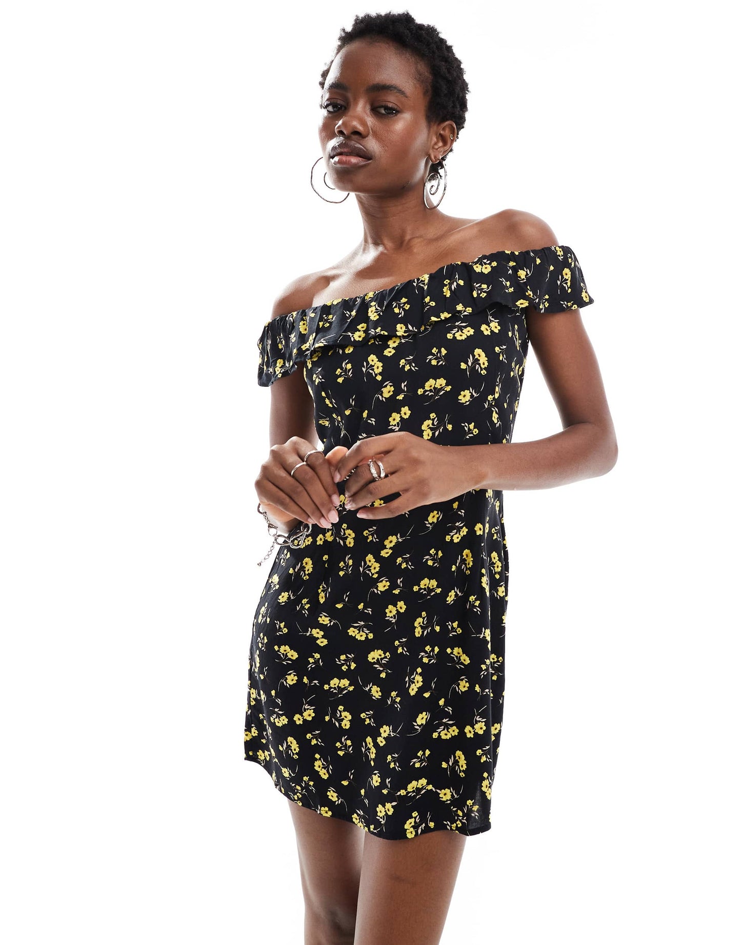 Motel Exclusive yudia off-shoulder buttercup print mini dress in black and yellow