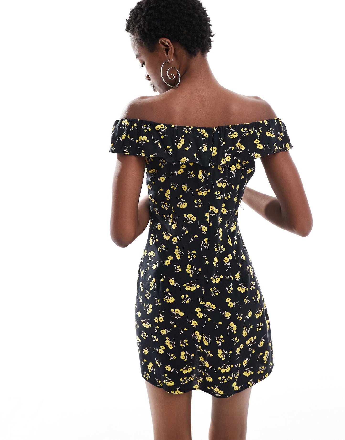 Motel Exclusive yudia off-shoulder buttercup print mini dress in black and yellow