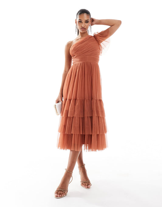 Lace & Beads Bridesmaid Madison one shoulder tulle midi dress in terracotta rose