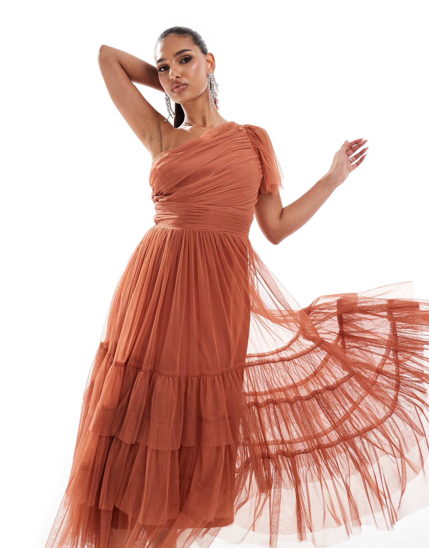 Lace & Beads Bridesmaid Madison one shoulder tulle midi dress in terracotta rose