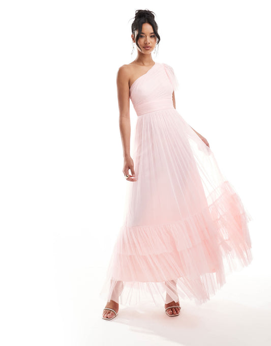 Lace & Beads Bridesmaid Madison one shoulder tulle maxi dress in soft pink