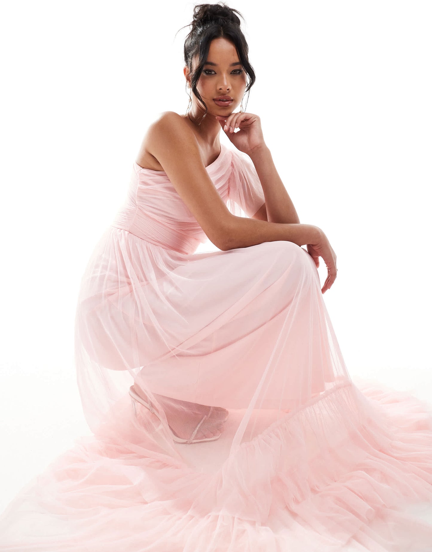 Lace & Beads Bridesmaid Madison one shoulder tulle maxi dress in soft pink