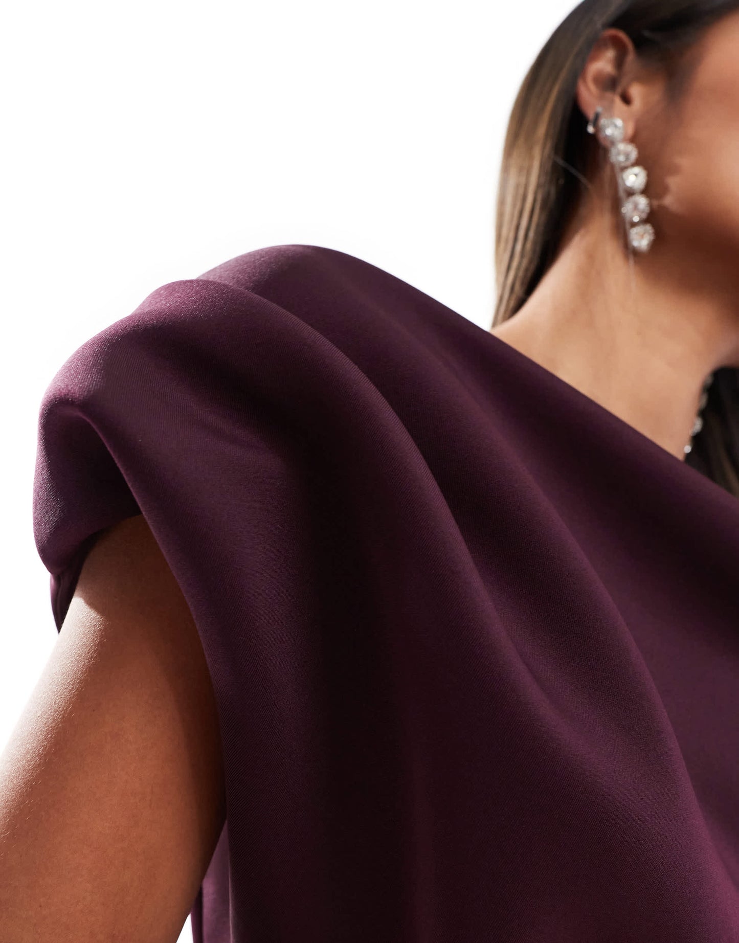 ASOS DESIGN off shoulder pleat waist detail pencil midi dress in aubergine
