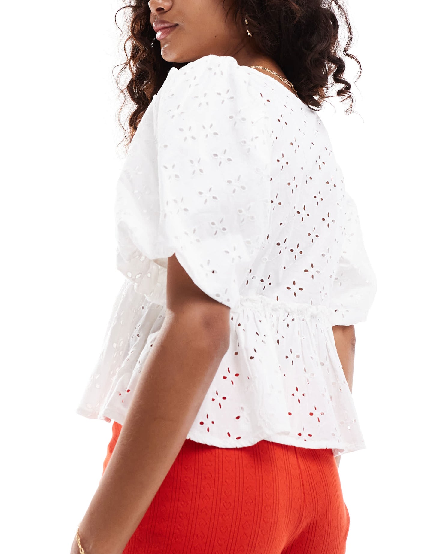 Monki puff short sleeve sqaure neck broderie anglaise top in white
