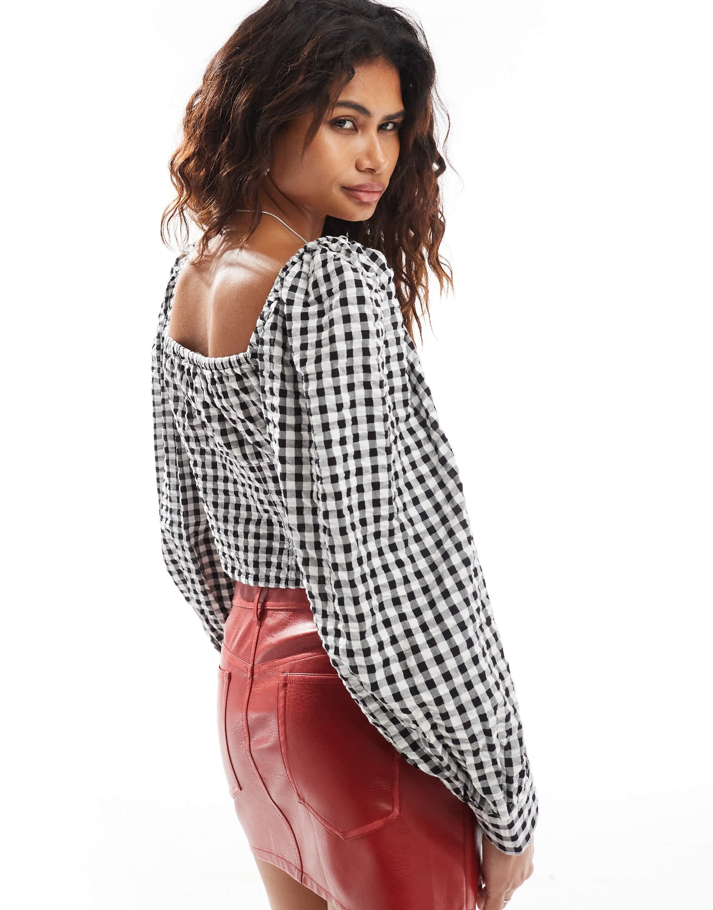 Monki long sleeve seersucker button front blouse in black and white check gingham