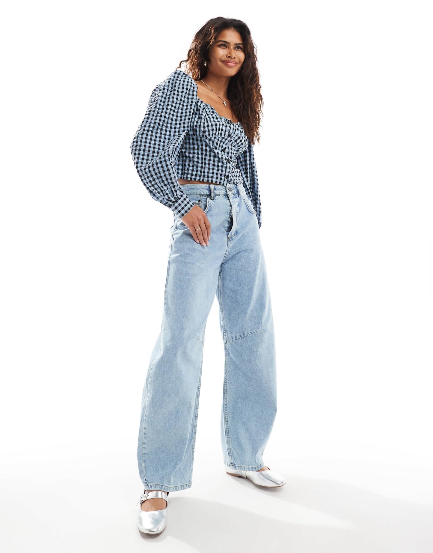 Monki long sleeve seersucker button front blouse in black and dark blue check gingham