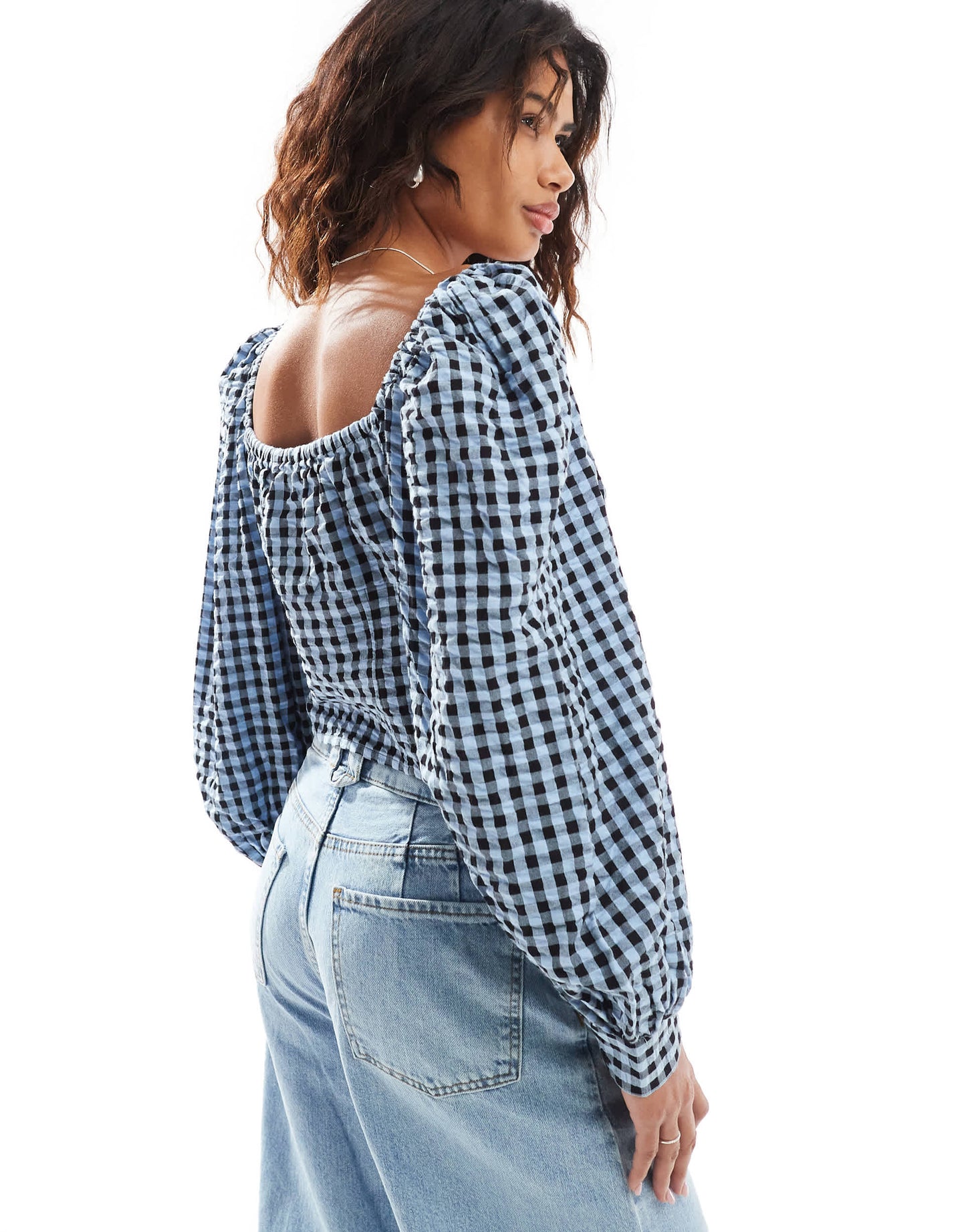 Monki long sleeve seersucker button front blouse in black and dark blue check gingham