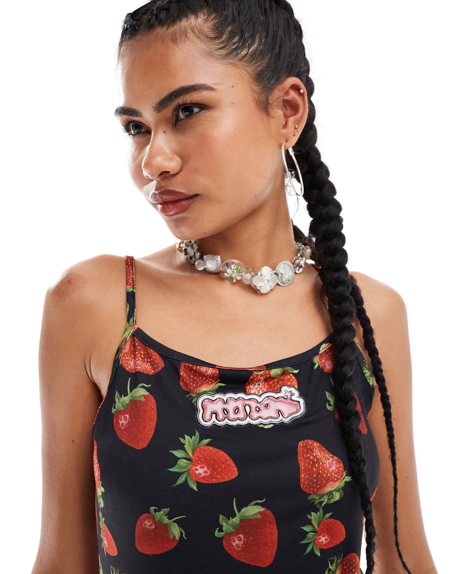 Minga London cami midi dress with strawberries print in black