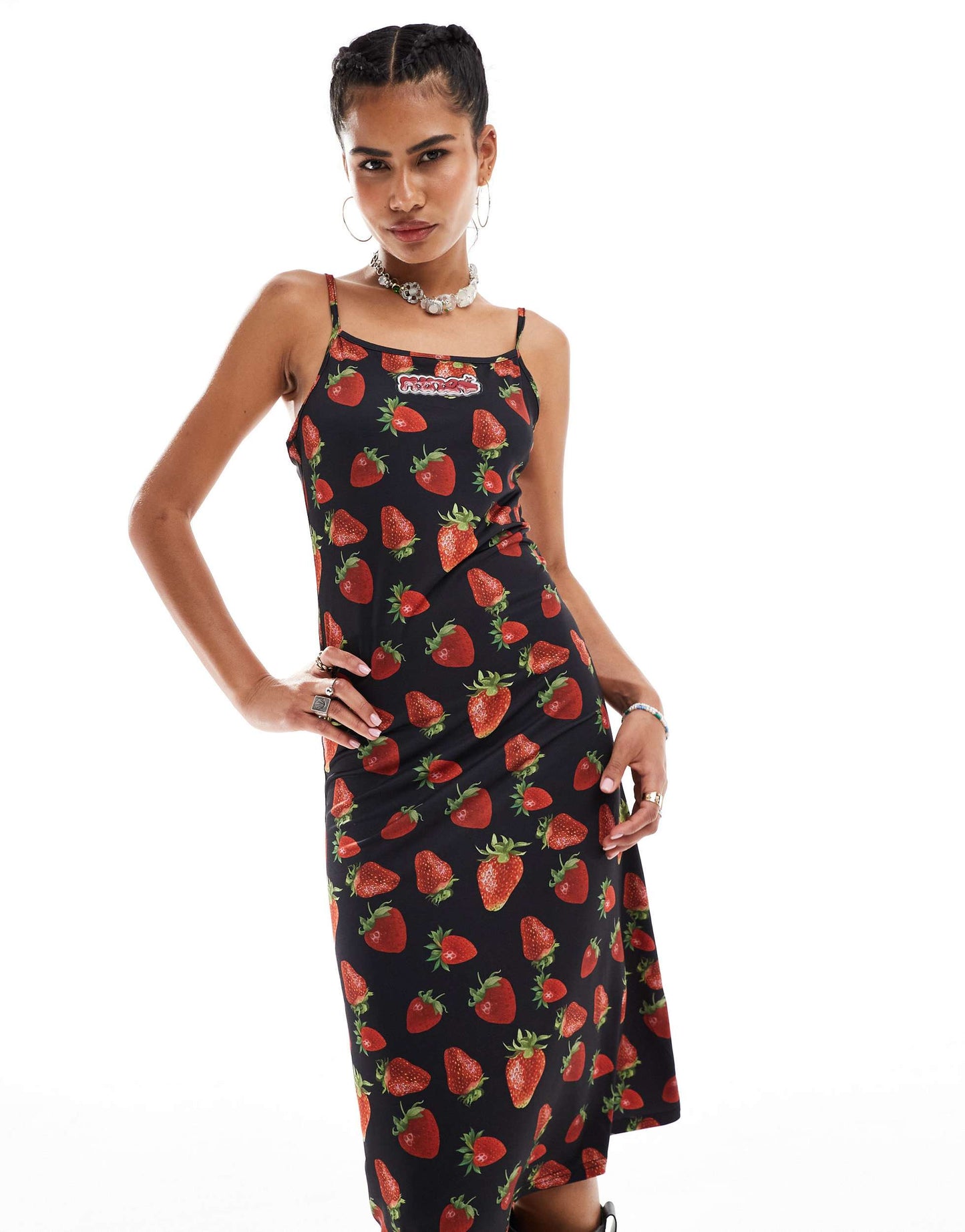 Minga London cami midi dress with strawberries print in black