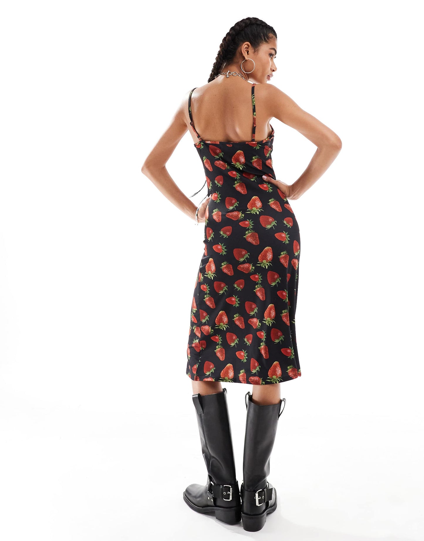 Minga London cami midi dress with strawberries print in black