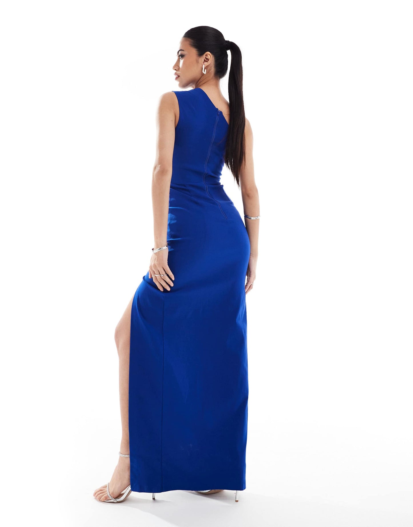 Vesper bengaline one shoulder thigh split detail maxi dress in cobalt