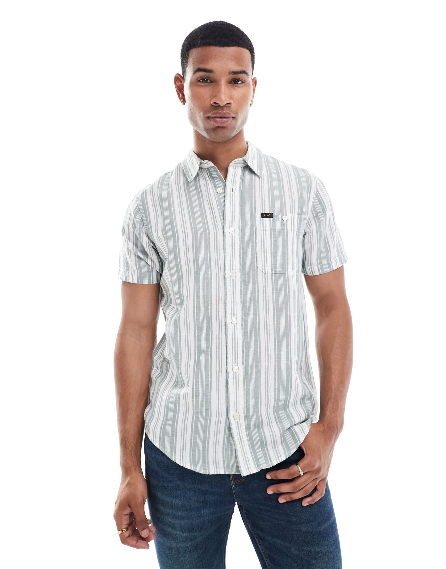 Lee short sleeve stripe linen blend shirt in mid green