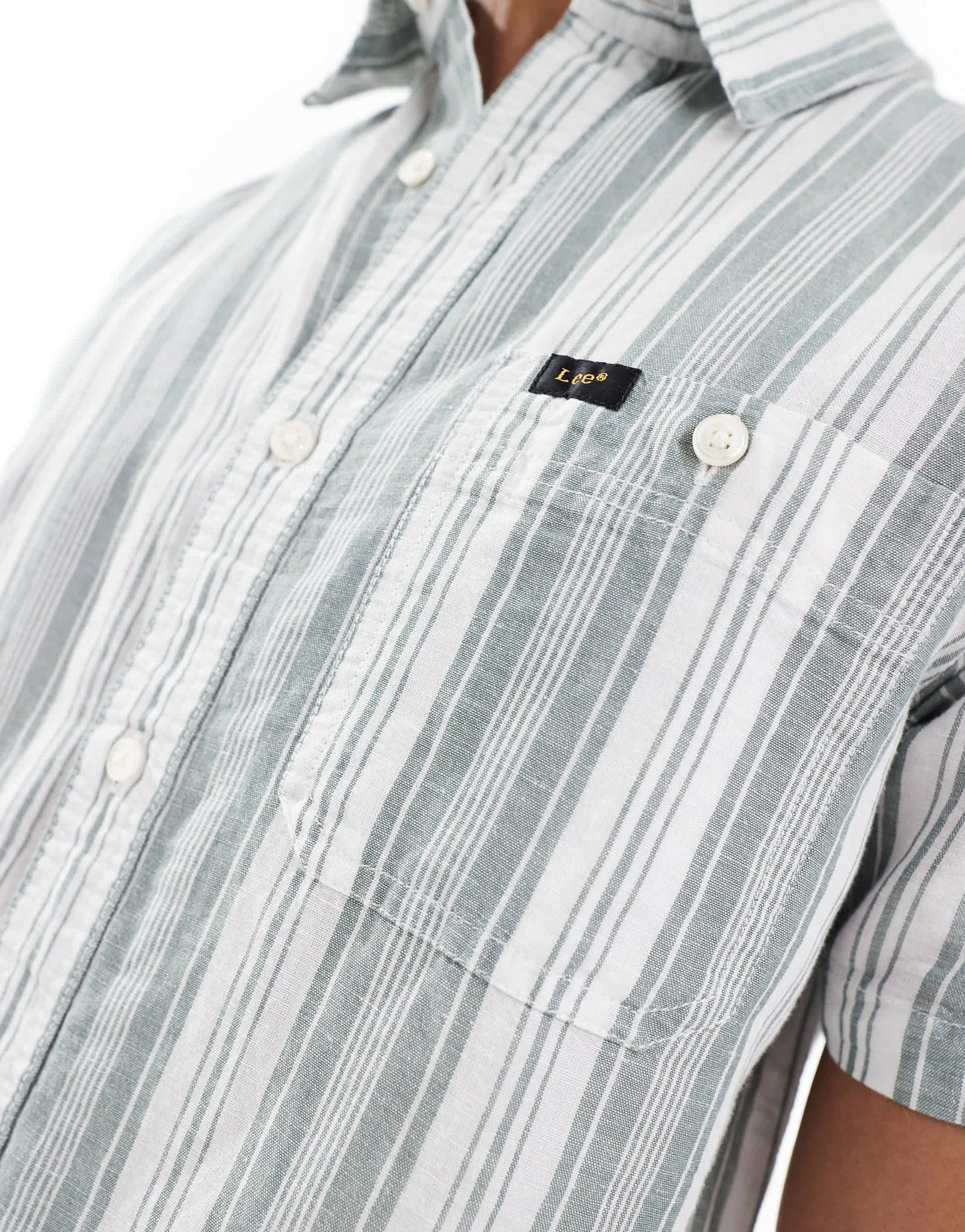 Lee short sleeve stripe linen blend shirt in mid green