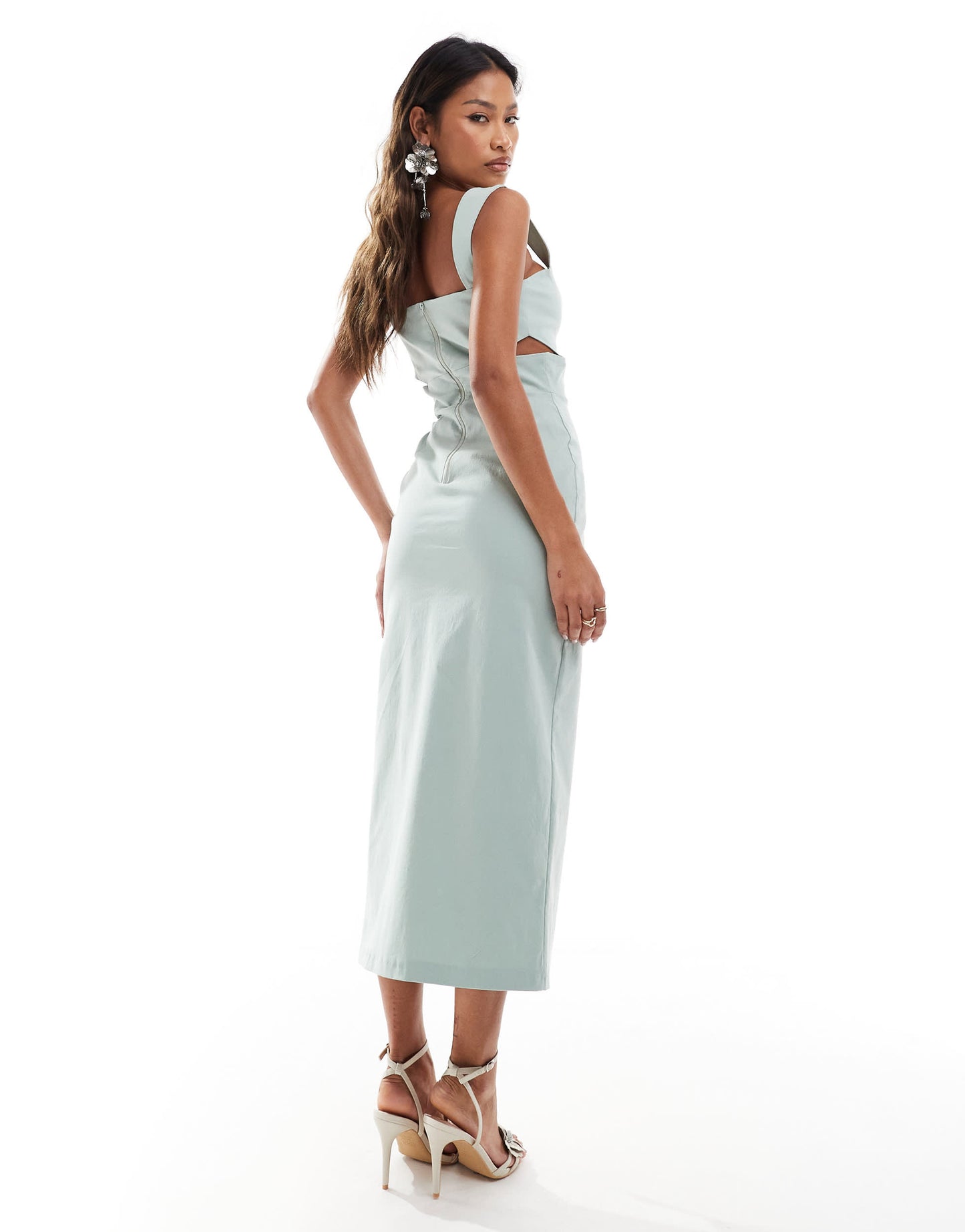 Vesper bengaline cut out detail front split midaxi dress in sage green