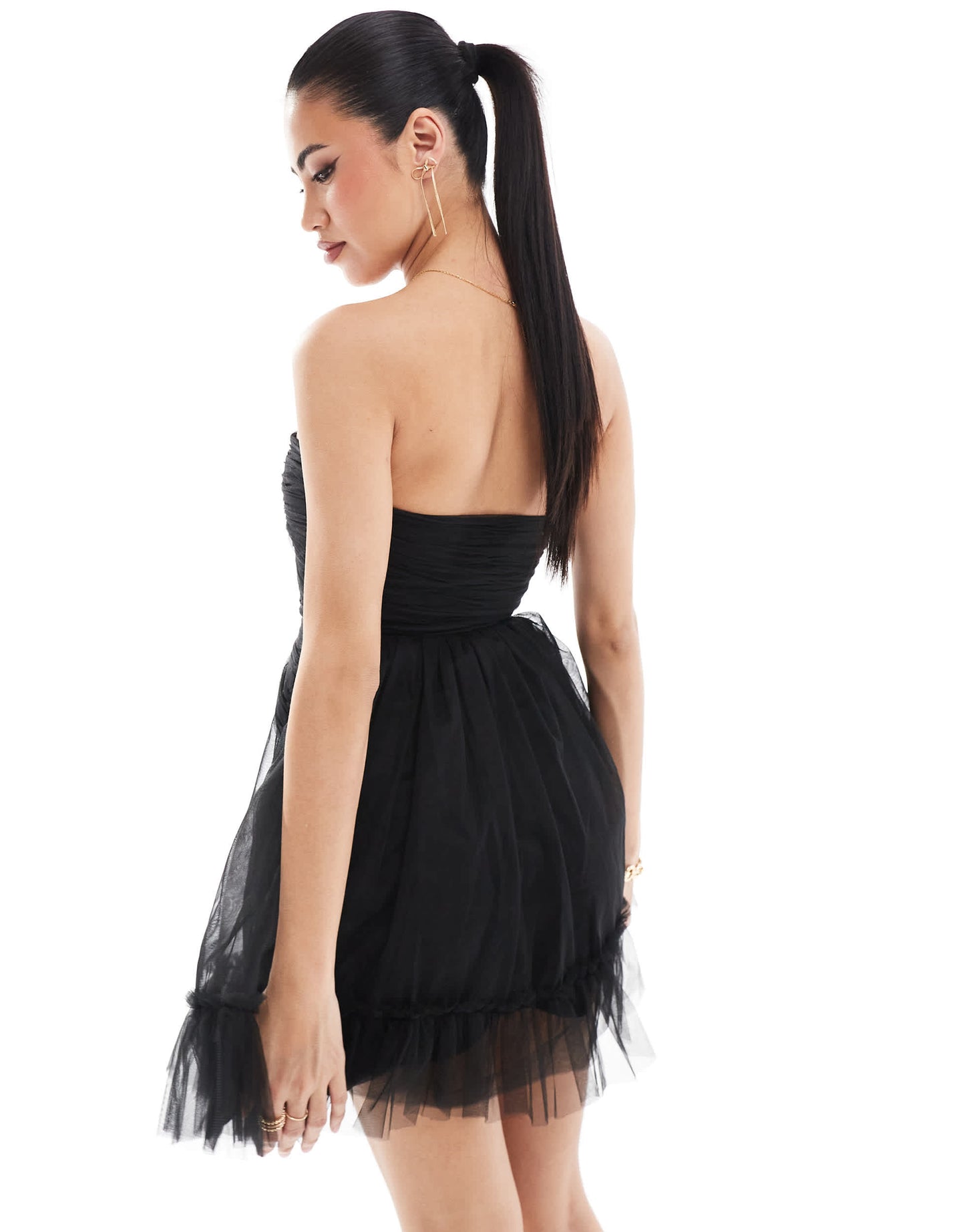Lace & Beads ruffle rosette mini dress in black