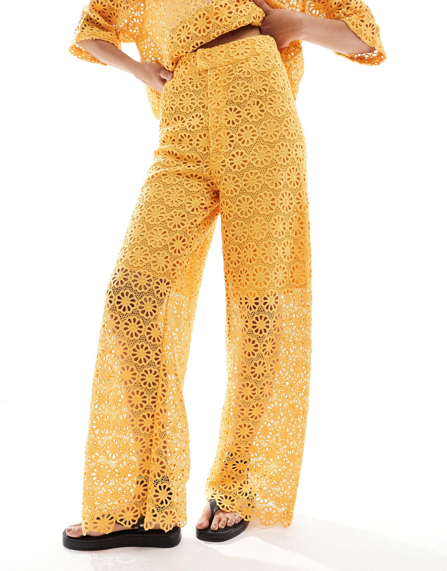 Heathe Adeze lace co-ord trousers in marigold