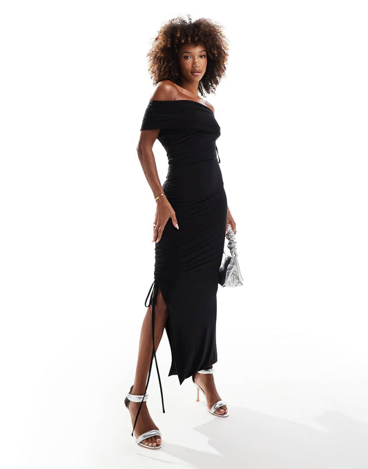 Kaiia exclusive double layered slinky fold detail offer shoulder maxi dress in black