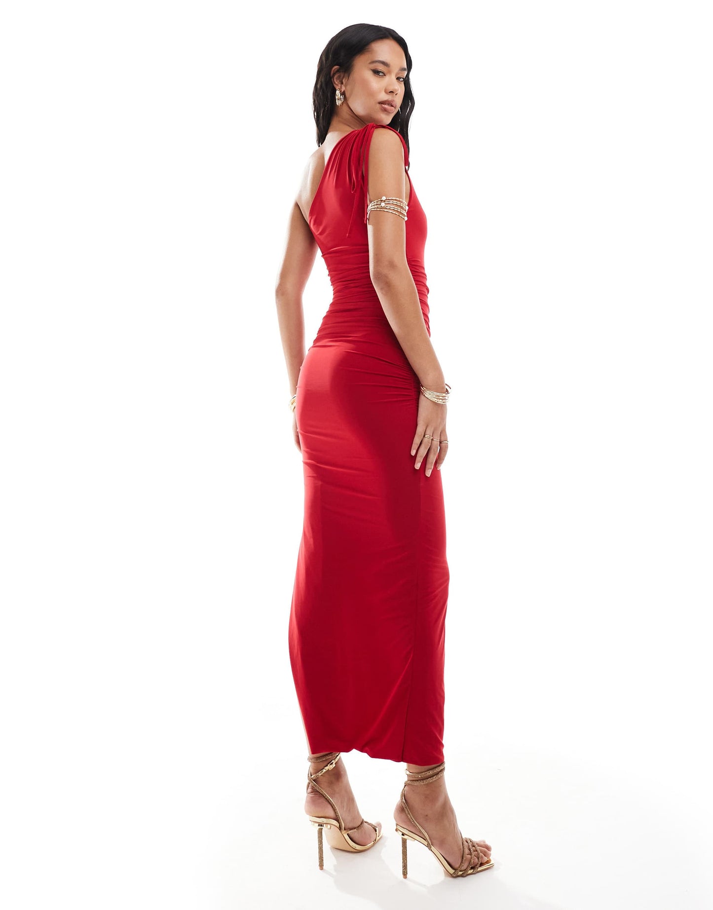 Kaiia exclusive double layered slinky ruched one shoulder maxi dress in red