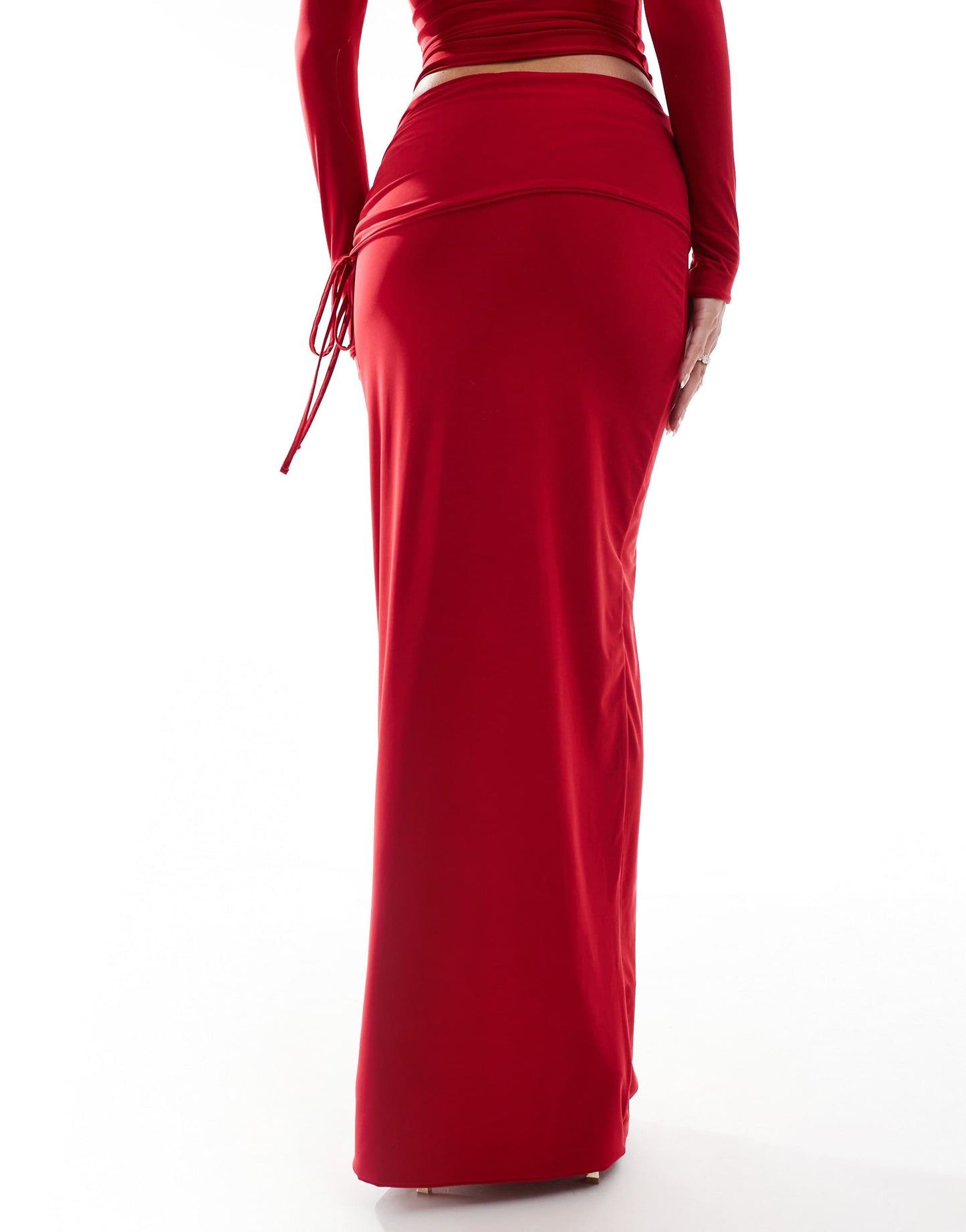 Kaiia exclusive double layered slinky ruched folded waist column maxi skirt co-ord in red