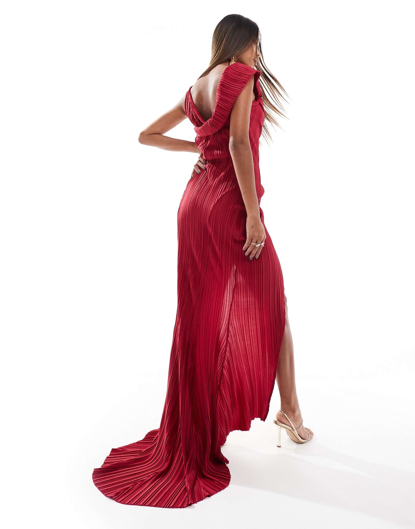 ASOS DESIGN plisse one shoulder premium drape maxi dress with super high split in raspberry