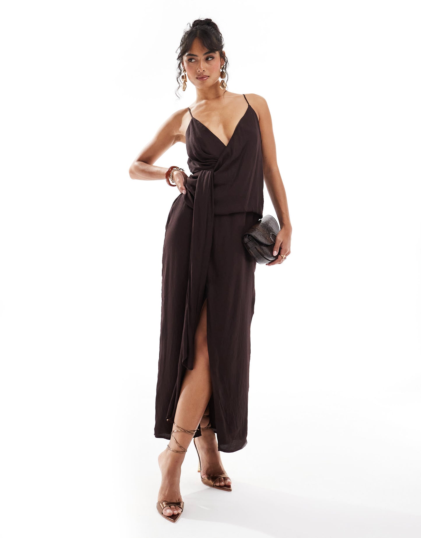 ASOS DESIGN cami strap drape tuck detail midi dress in aubergine