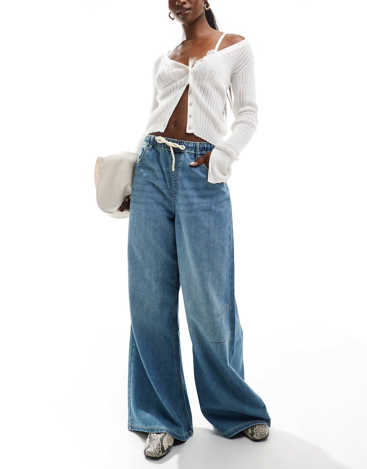 Bershka denim look pull on wide leg trousers in mid wash blue