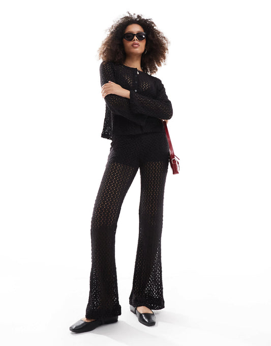 Object open knit flared trouser co-ord in black