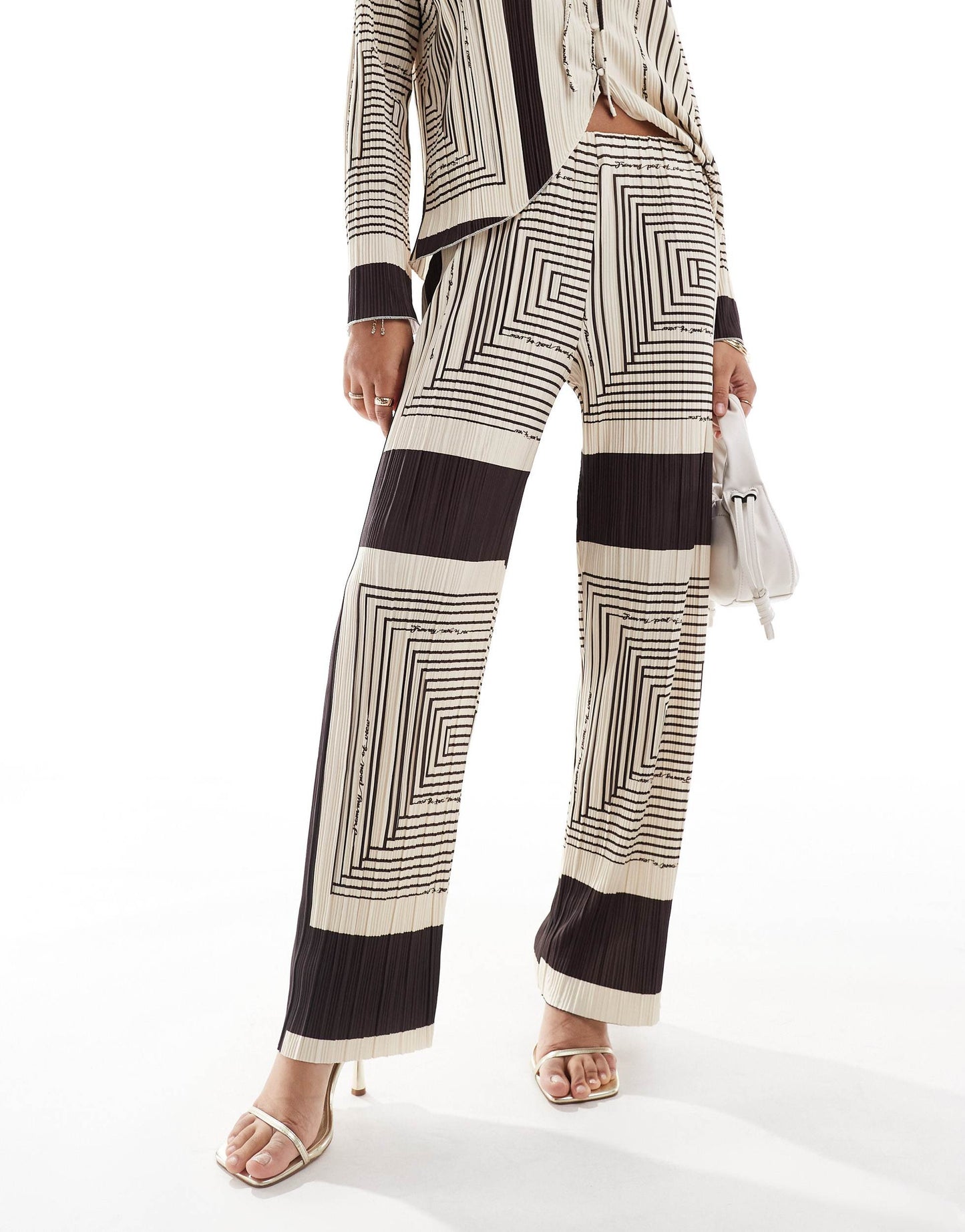 Object plisse wide leg trouser co-ord in brown abstract print