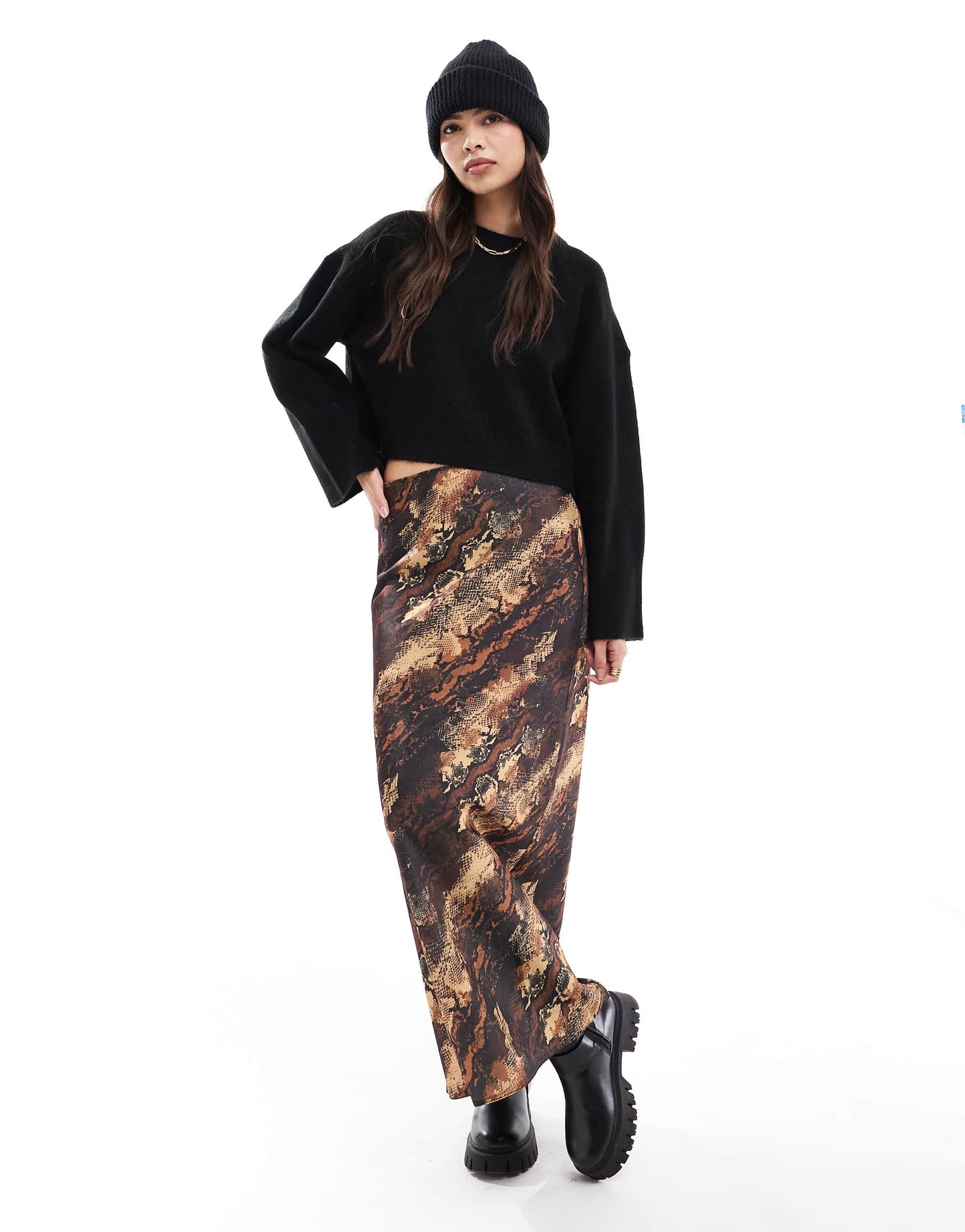 ASOS DESIGN satin bias maxi  skirt in animal print