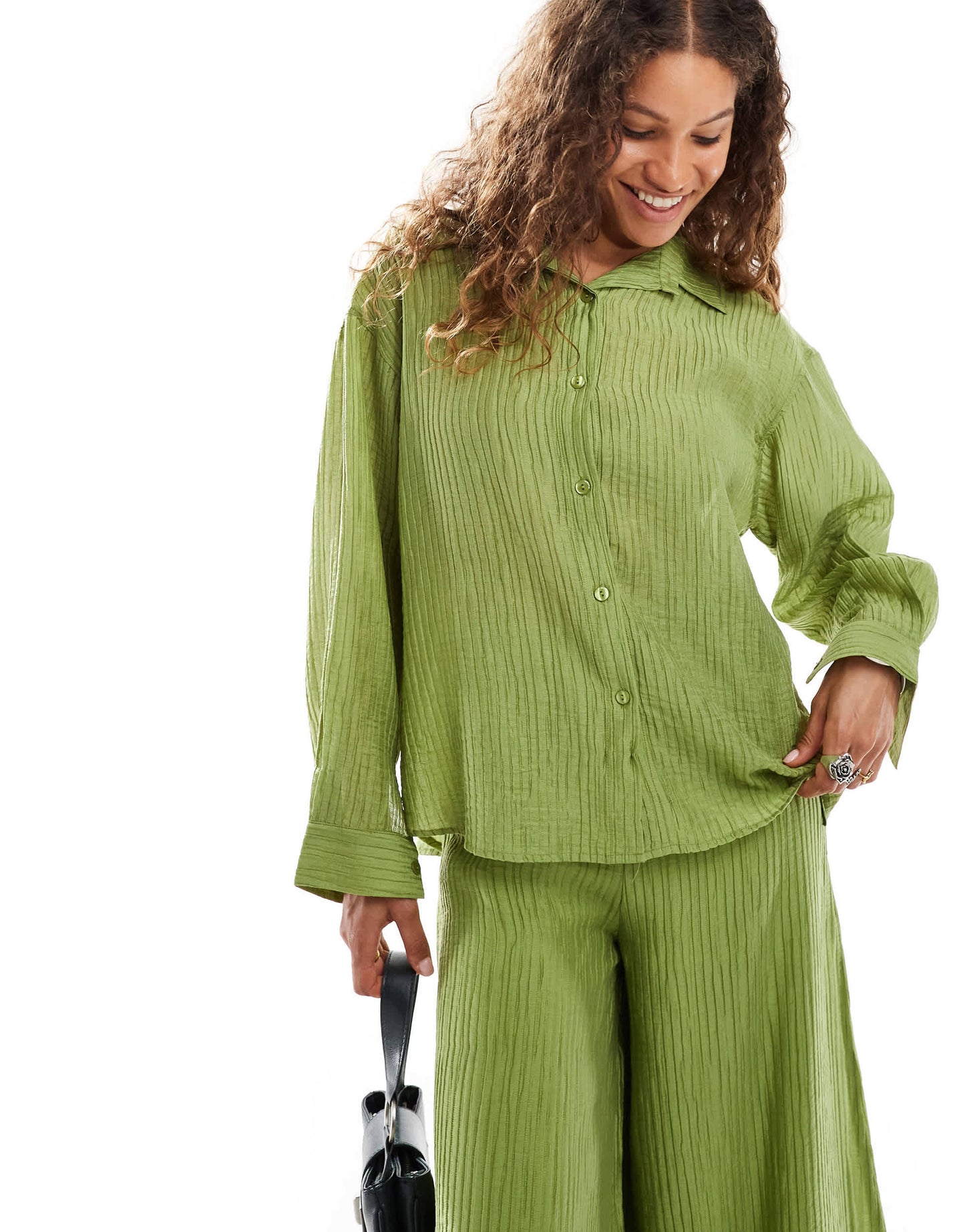 Ghospell textured oversized shirt co-ord in green