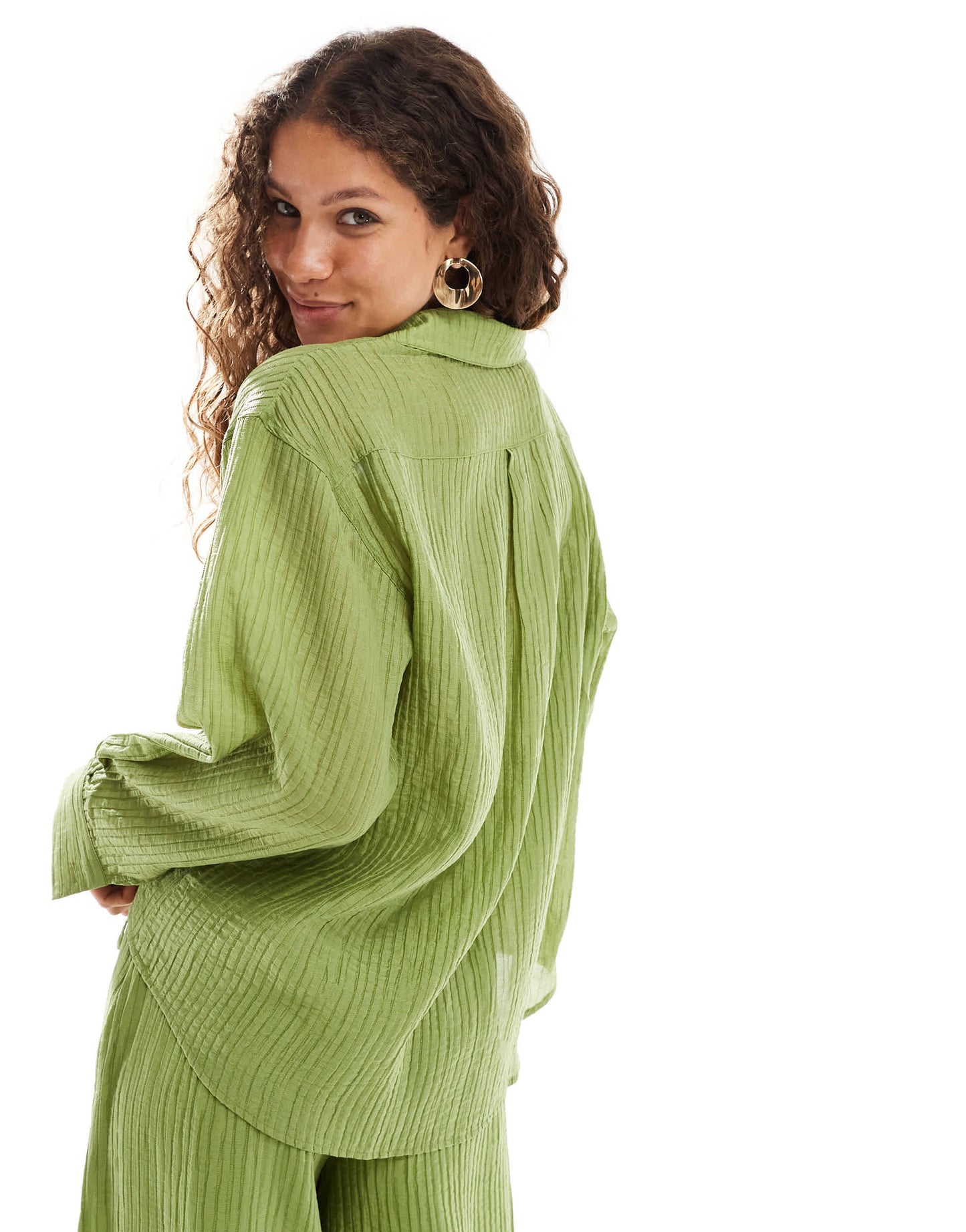 Ghospell textured oversized shirt co-ord in green