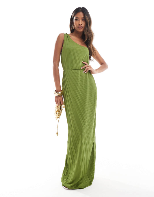 ASOS DESIGN twist one shoulder pleated maxi dress in olive