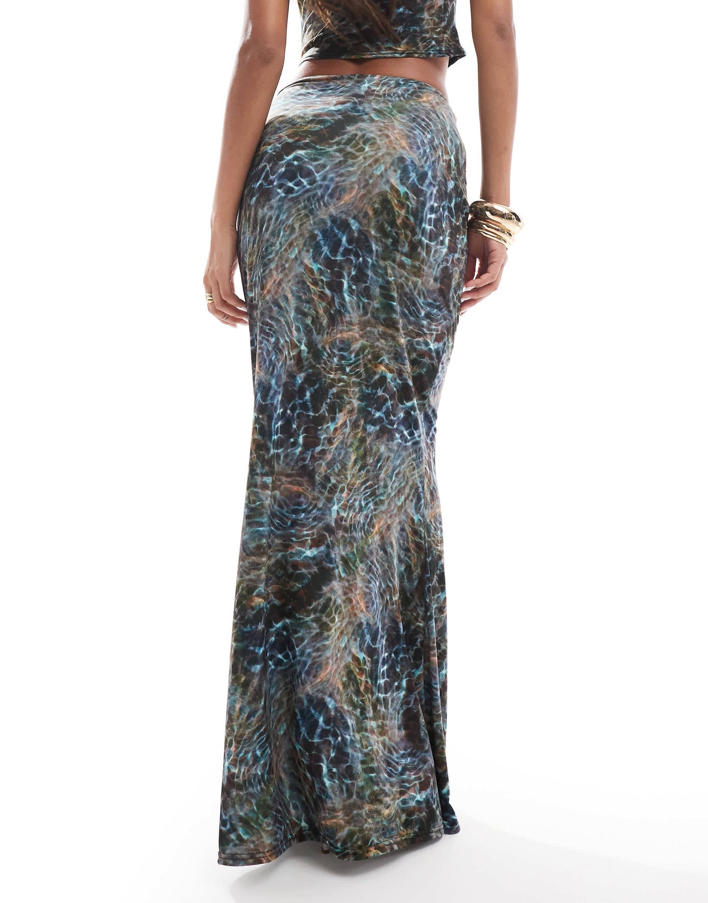 ASOS DESIGN co-ord slinky cut out hip maxi skirt in blue print