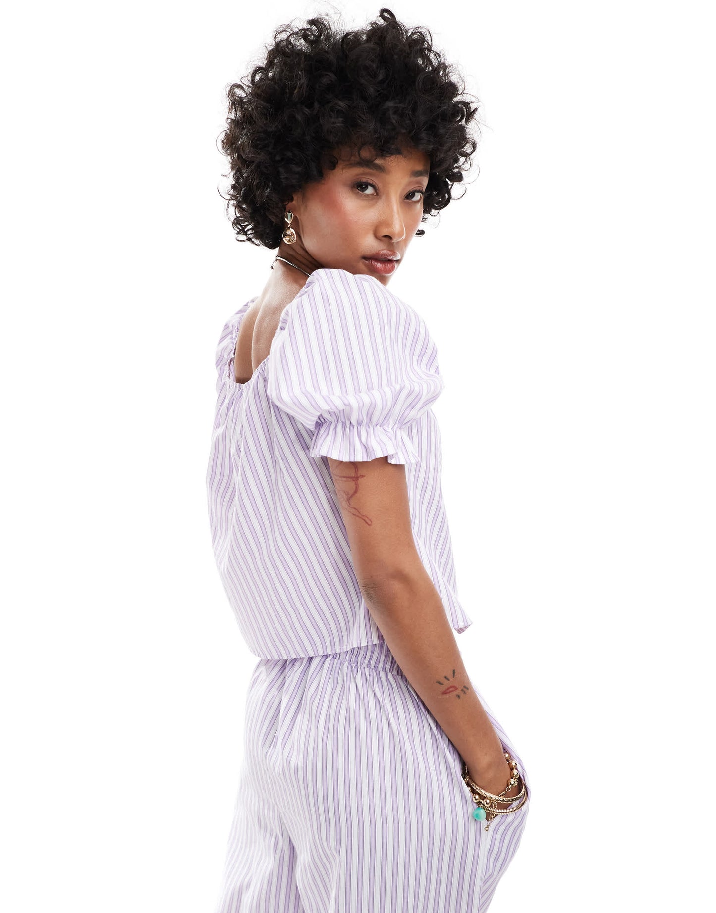 Reclaimed Vintage tie front top with puff sleeve in summer lilac stripe