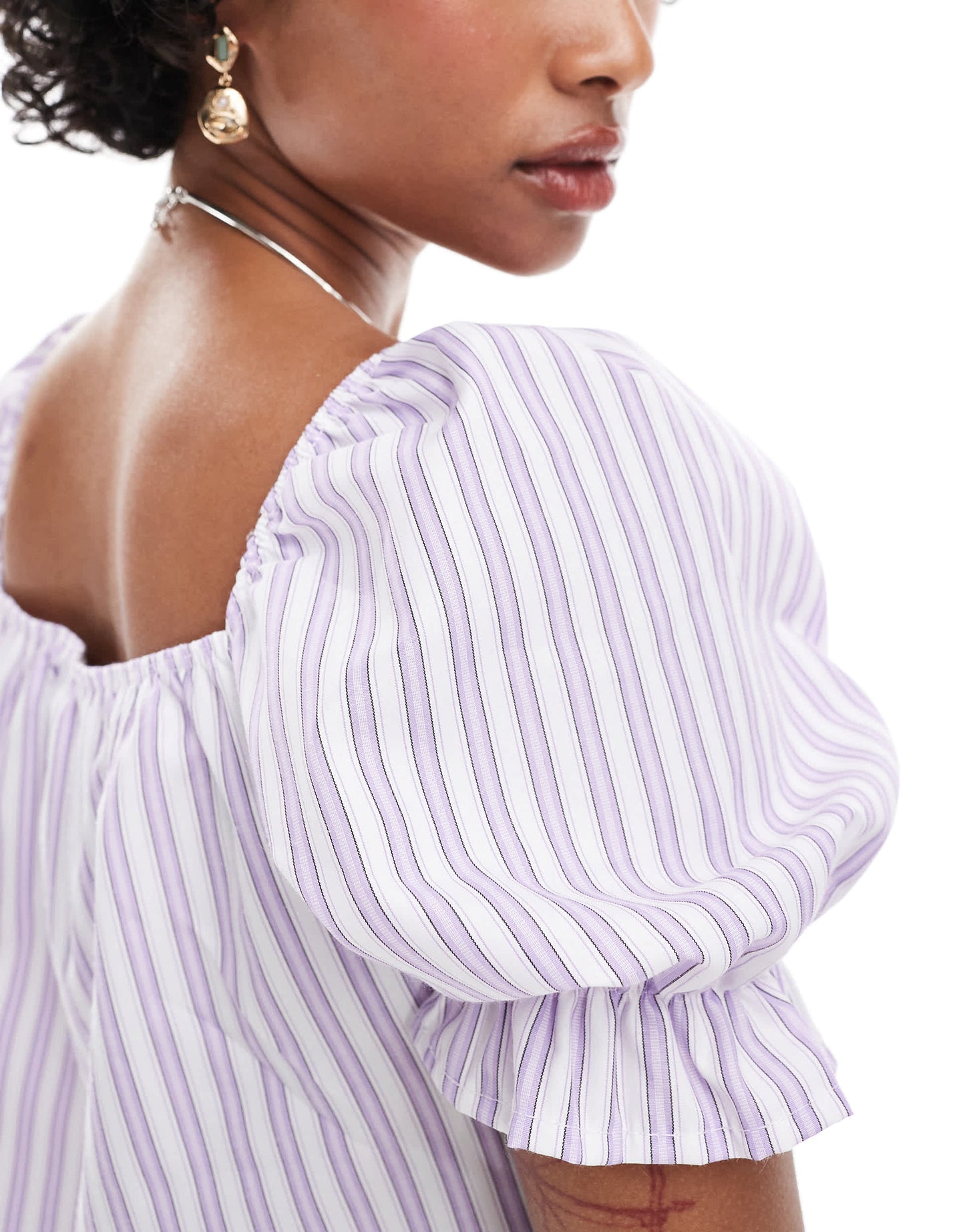 Reclaimed Vintage tie front top with puff sleeve in summer lilac stripe