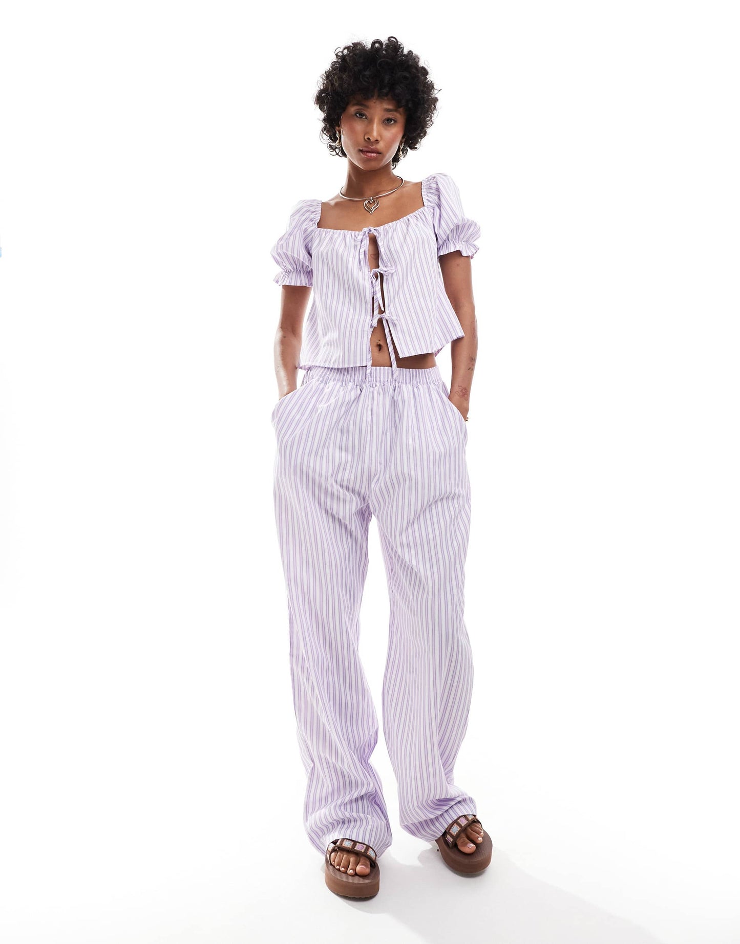 Reclaimed Vintage tie front top with puff sleeve in summer lilac stripe
