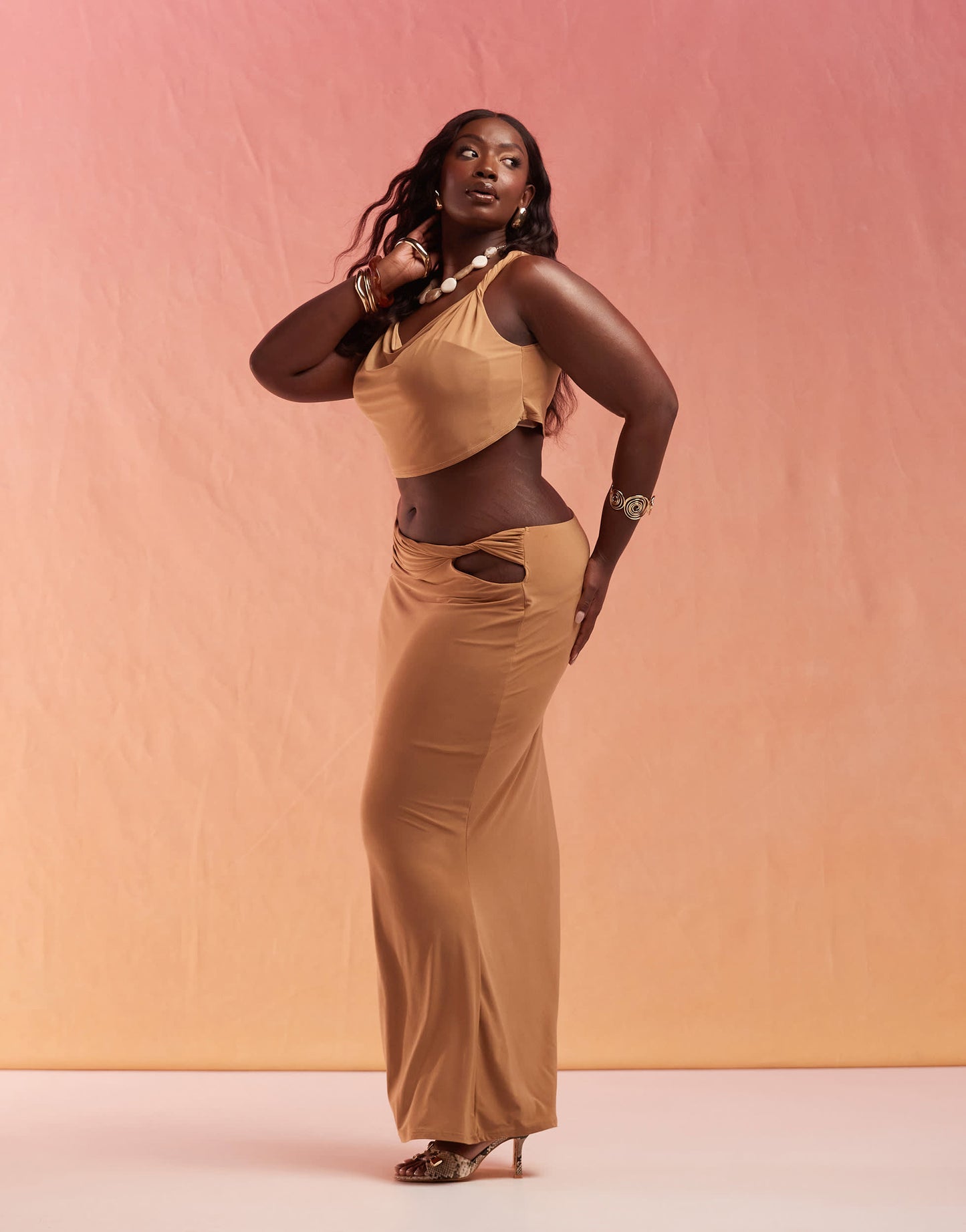 ASOS DESIGN Curve co-ord slinky cut out hip maxi skirt in sand