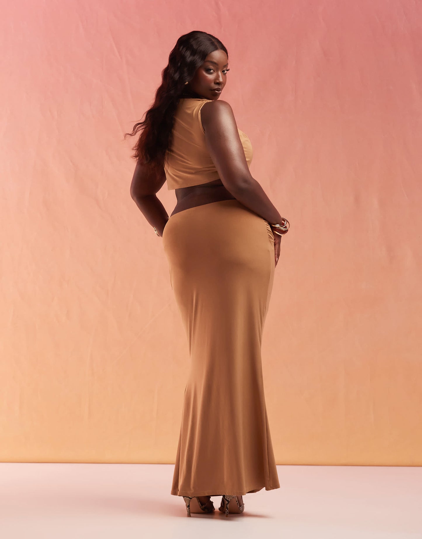 ASOS DESIGN Curve co-ord slinky cut out hip maxi skirt in sand