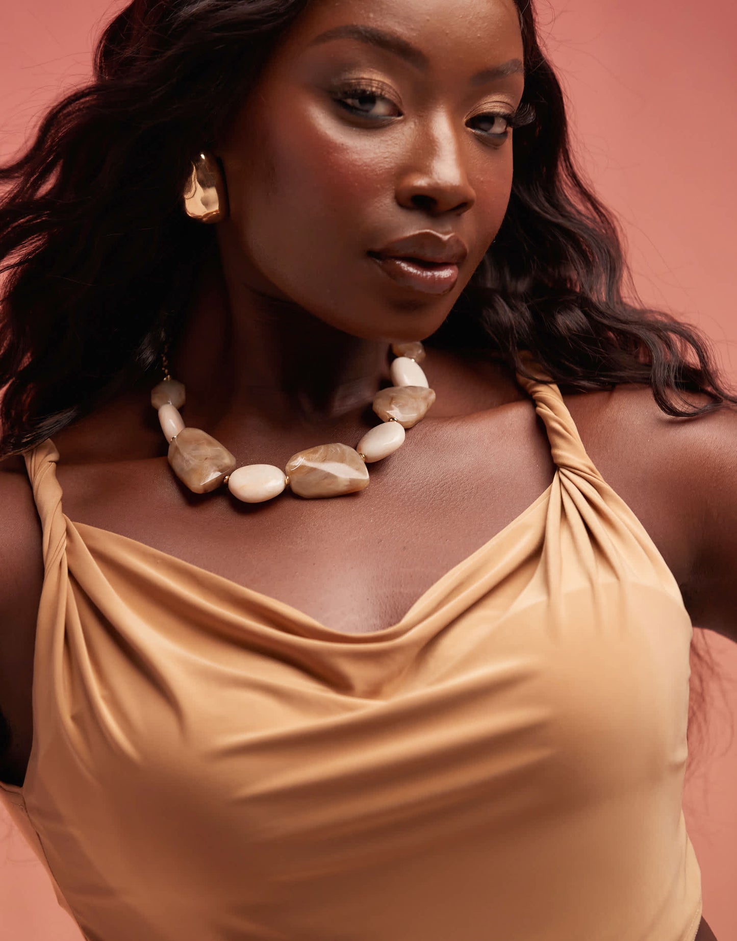 ASOS DESIGN Curve co-ord slinky twist shoulder top in sand